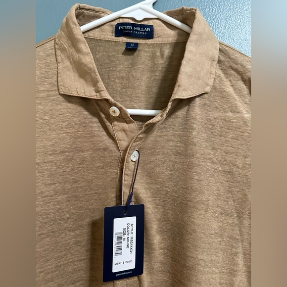 Peter Millar Crown Crafted Short Sleeve Linen Polo Shirt Sand Brown Men's Size M - Picture 3 of 6